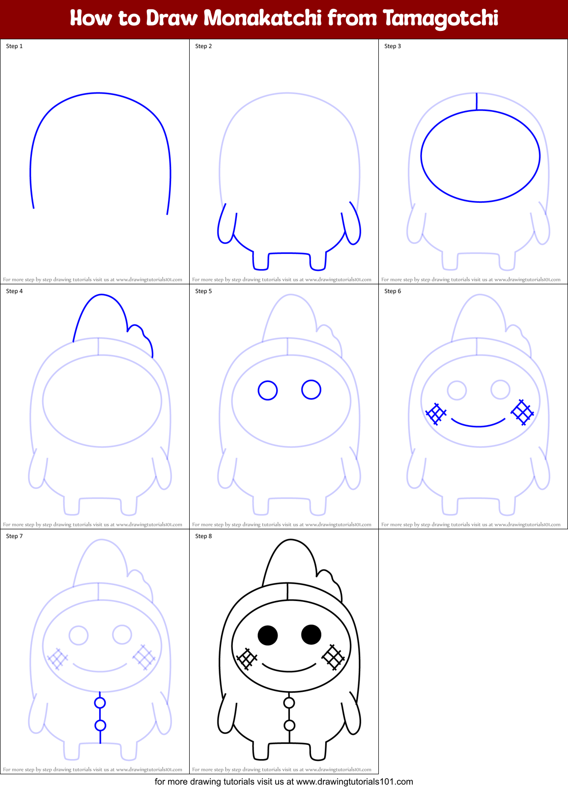 How to Draw Monakatchi from Tamagotchi Printable Step by Step