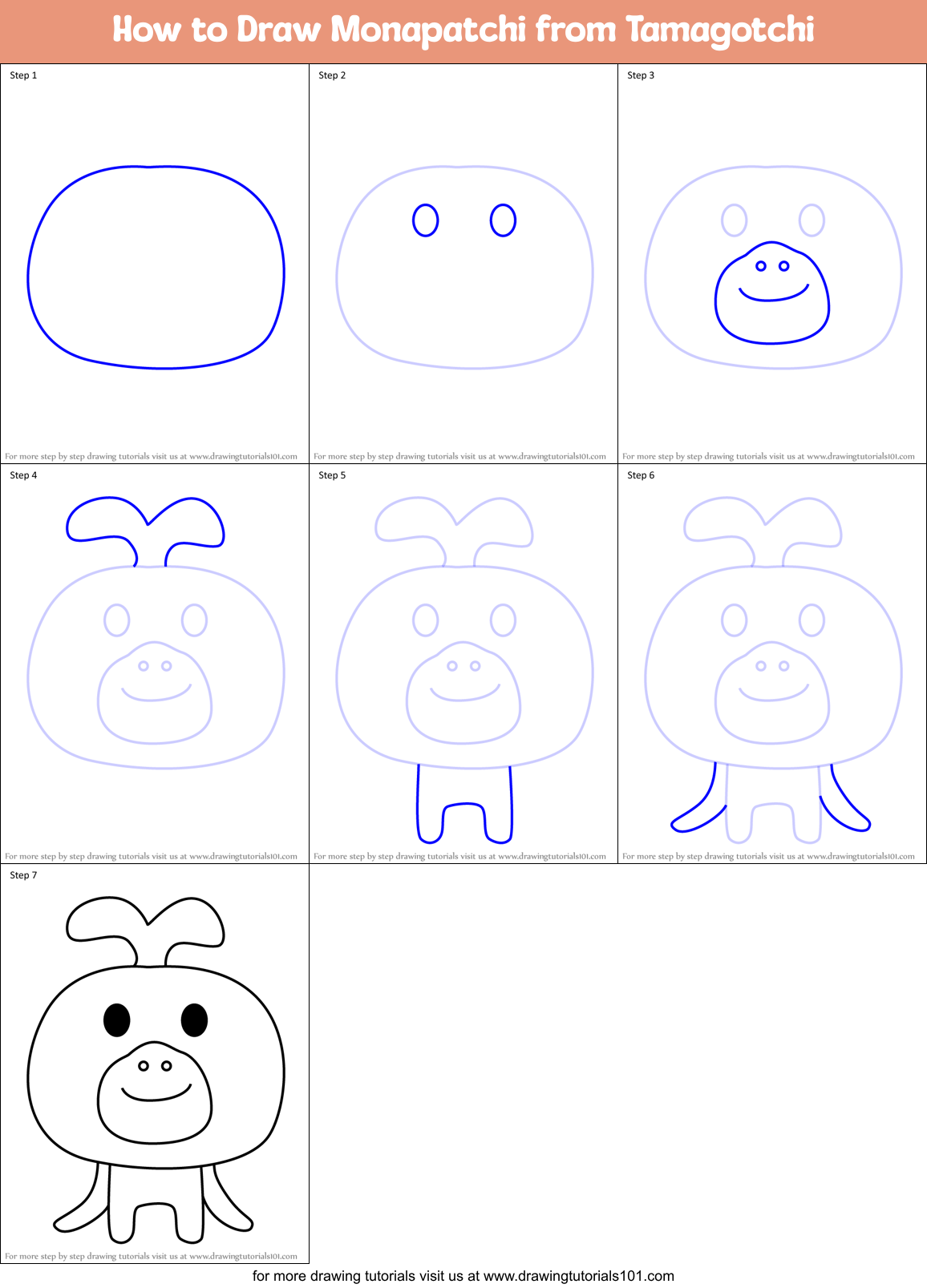 How to Draw Monapatchi from Tamagotchi Printable Step by Step