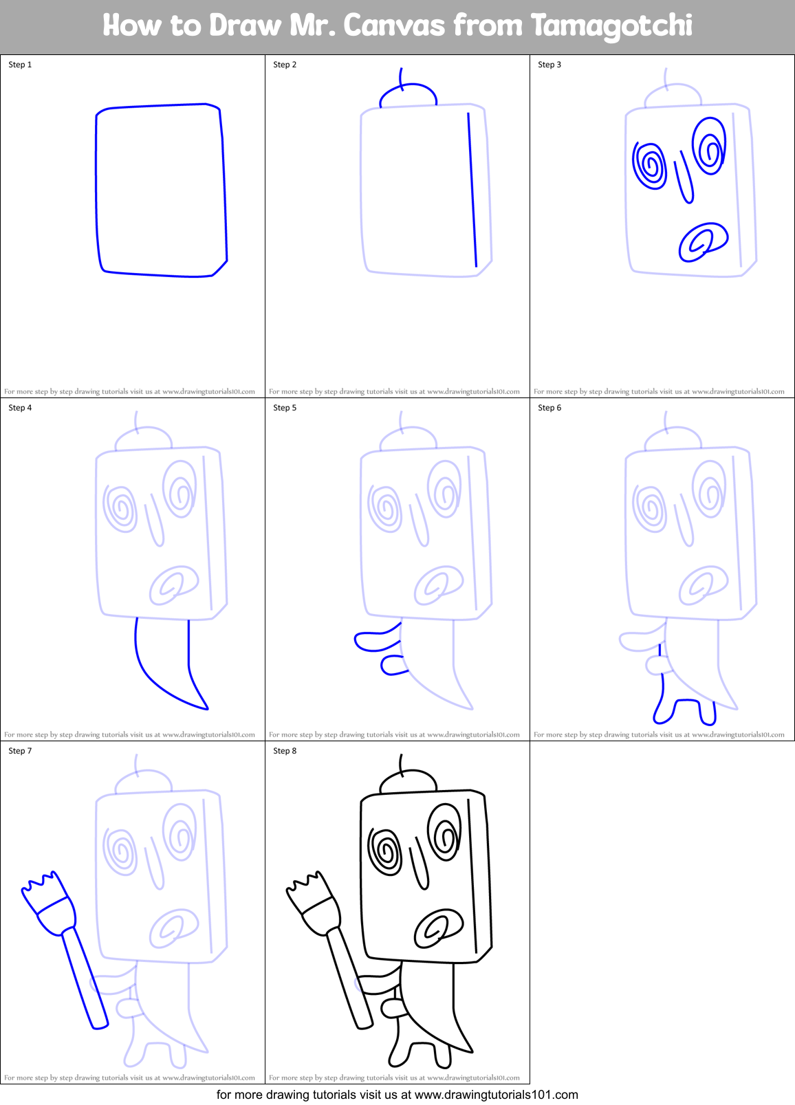 How to Draw Mr. Canvas from Tamagotchi Printable Step by Step