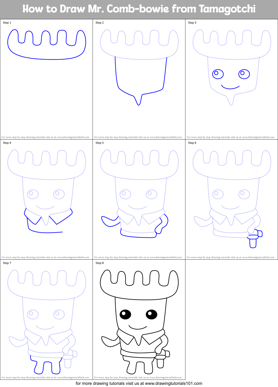 How to Draw Mr. Comb-bowie from Tamagotchi Printable Step by Step