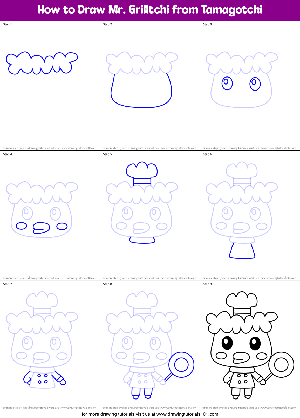 How to Draw Mr. Grilltchi from Tamagotchi Printable Step by Step