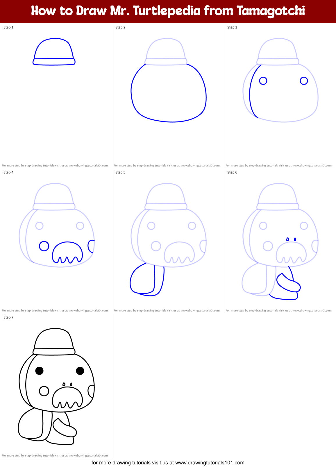 How to Draw Mr. Turtlepedia from Tamagotchi Printable Step by Step