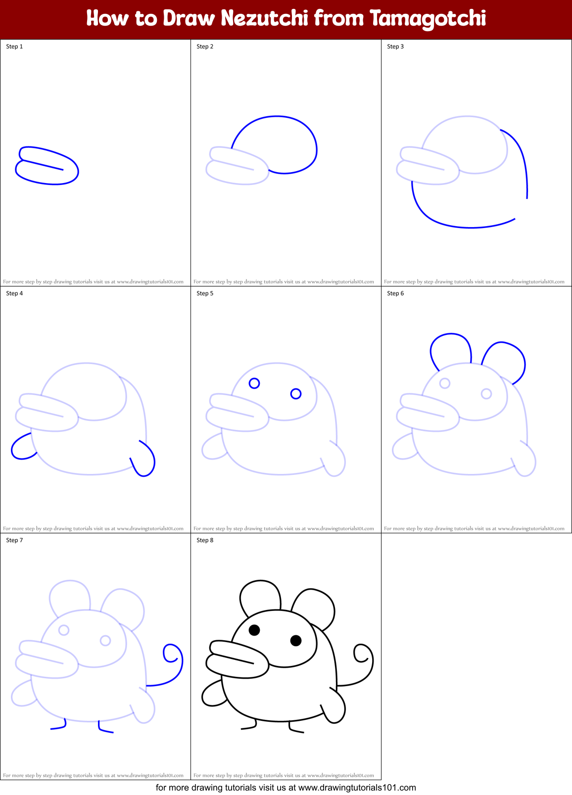 How to Draw Nezutchi from Tamagotchi Printable Step by Step