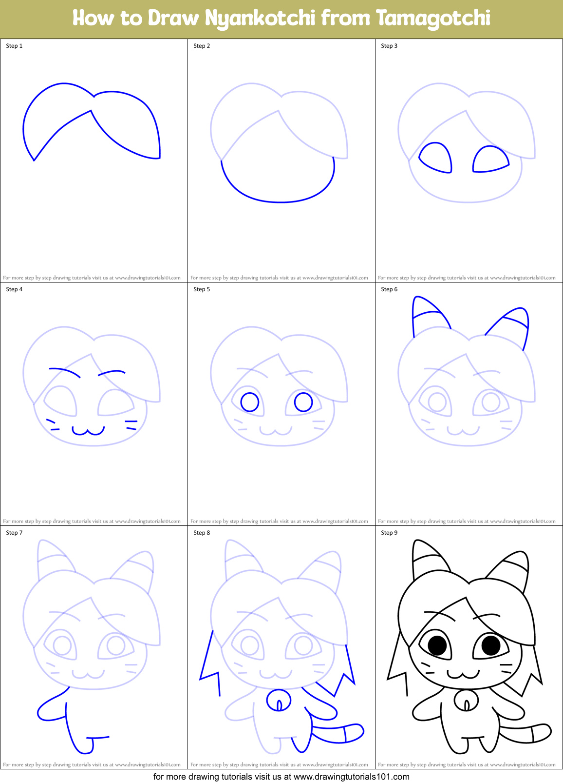 How to Draw Nyankotchi from Tamagotchi Printable Step by Step