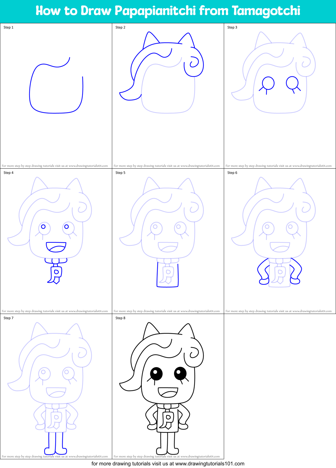 How to Draw Papapianitchi from Tamagotchi Printable Step by Step