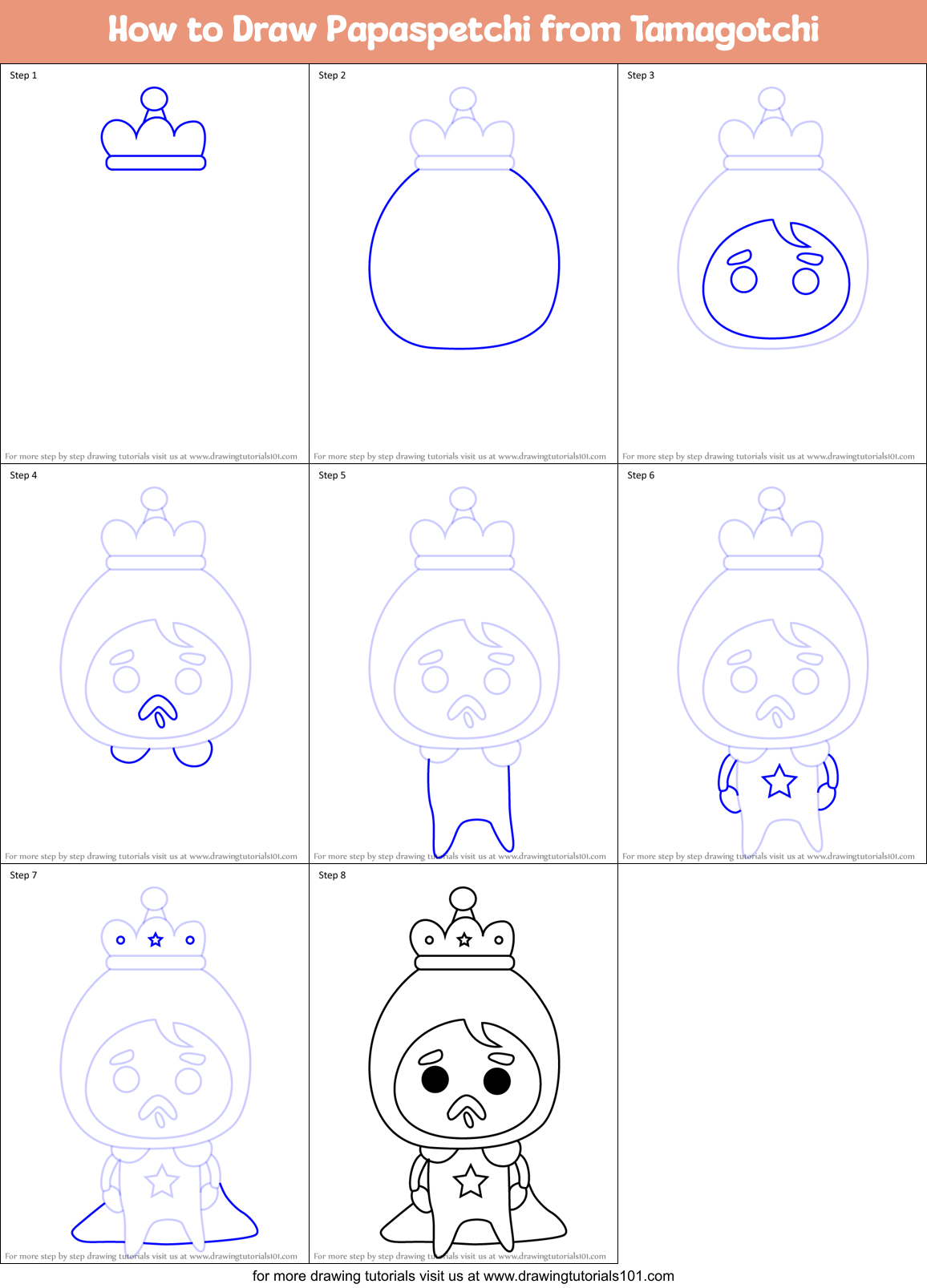 How to Draw Papaspetchi from Tamagotchi Printable Step by Step