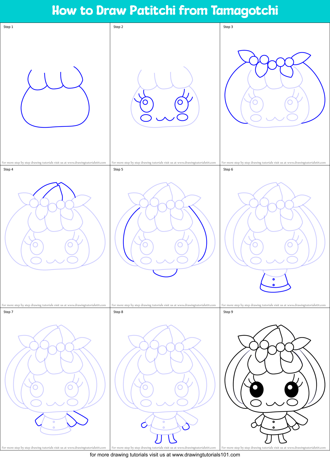 How to Draw Patitchi from Tamagotchi Printable Step by Step