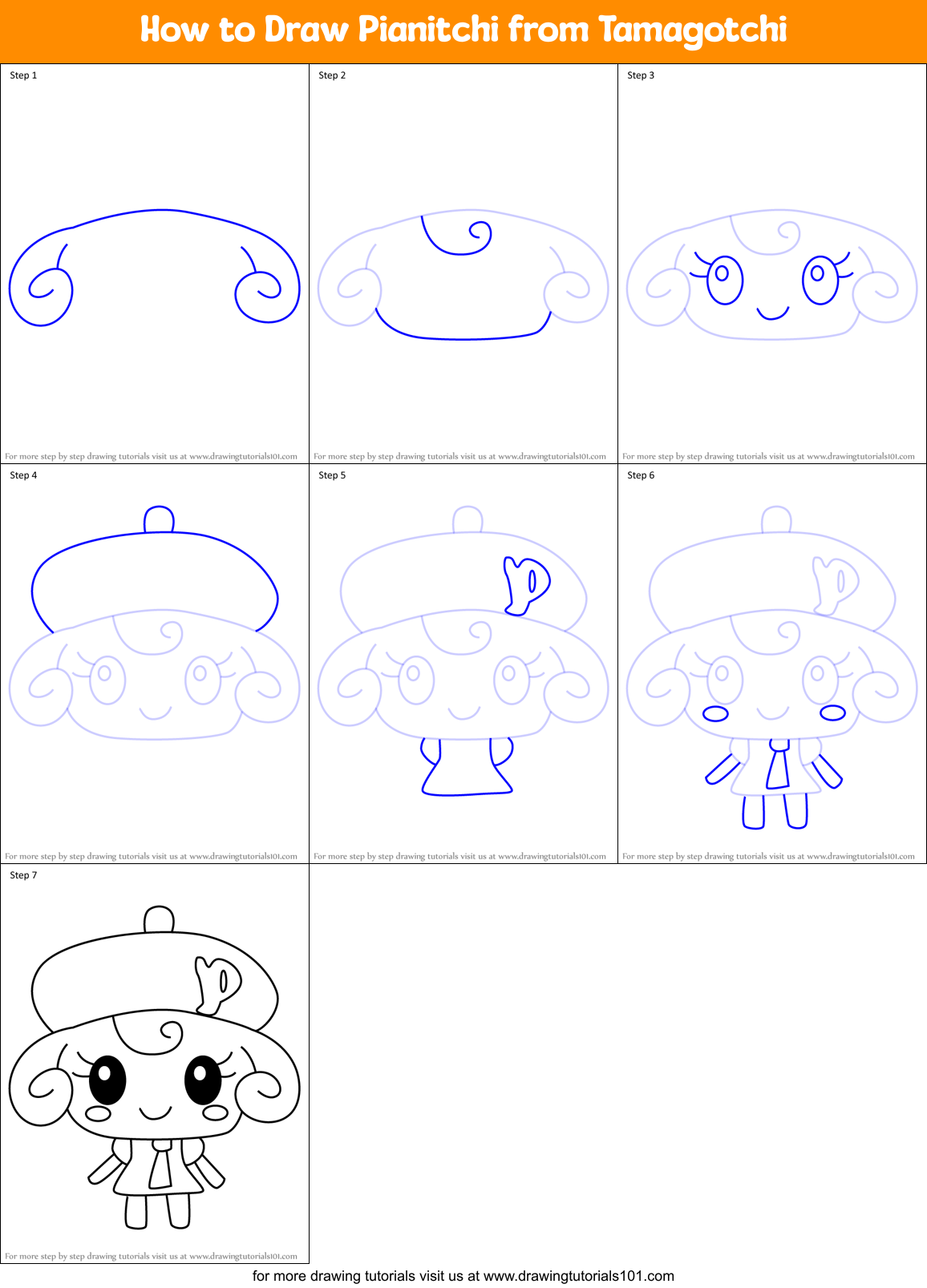 How to Draw Pianitchi from Tamagotchi Printable Step by Step