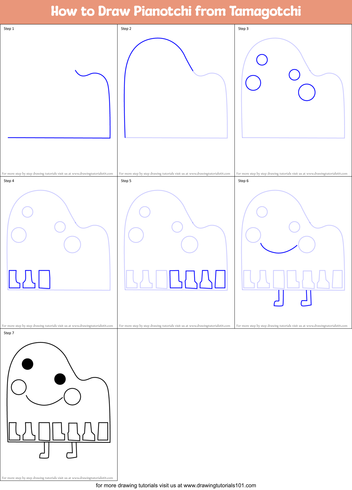 How to Draw Pianotchi from Tamagotchi Printable Step by Step