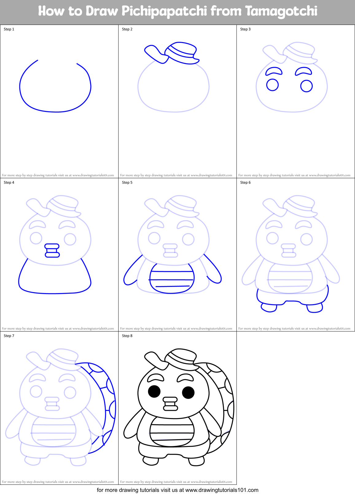 How to Draw Pichipapatchi from Tamagotchi Printable Step by Step