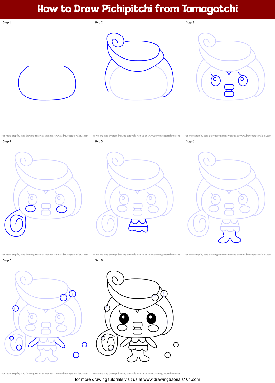 How to Draw Pichipitchi from Tamagotchi Printable Step by Step