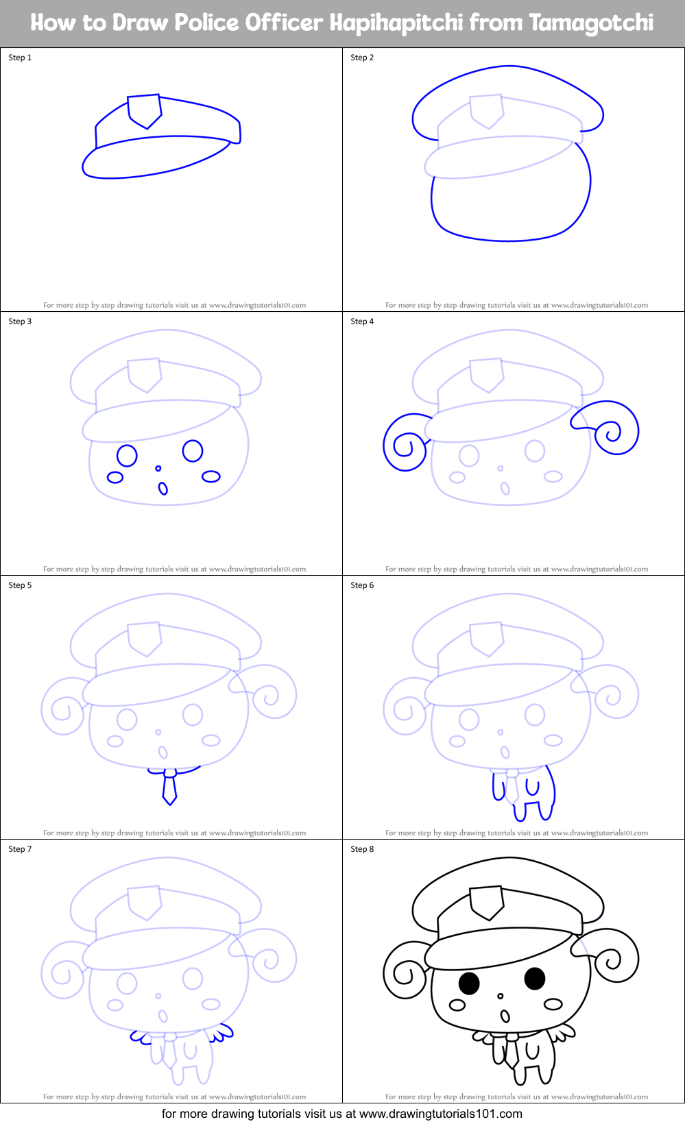 How to Draw Police Officer Hapihapitchi from Tamagotchi Printable Step by Step