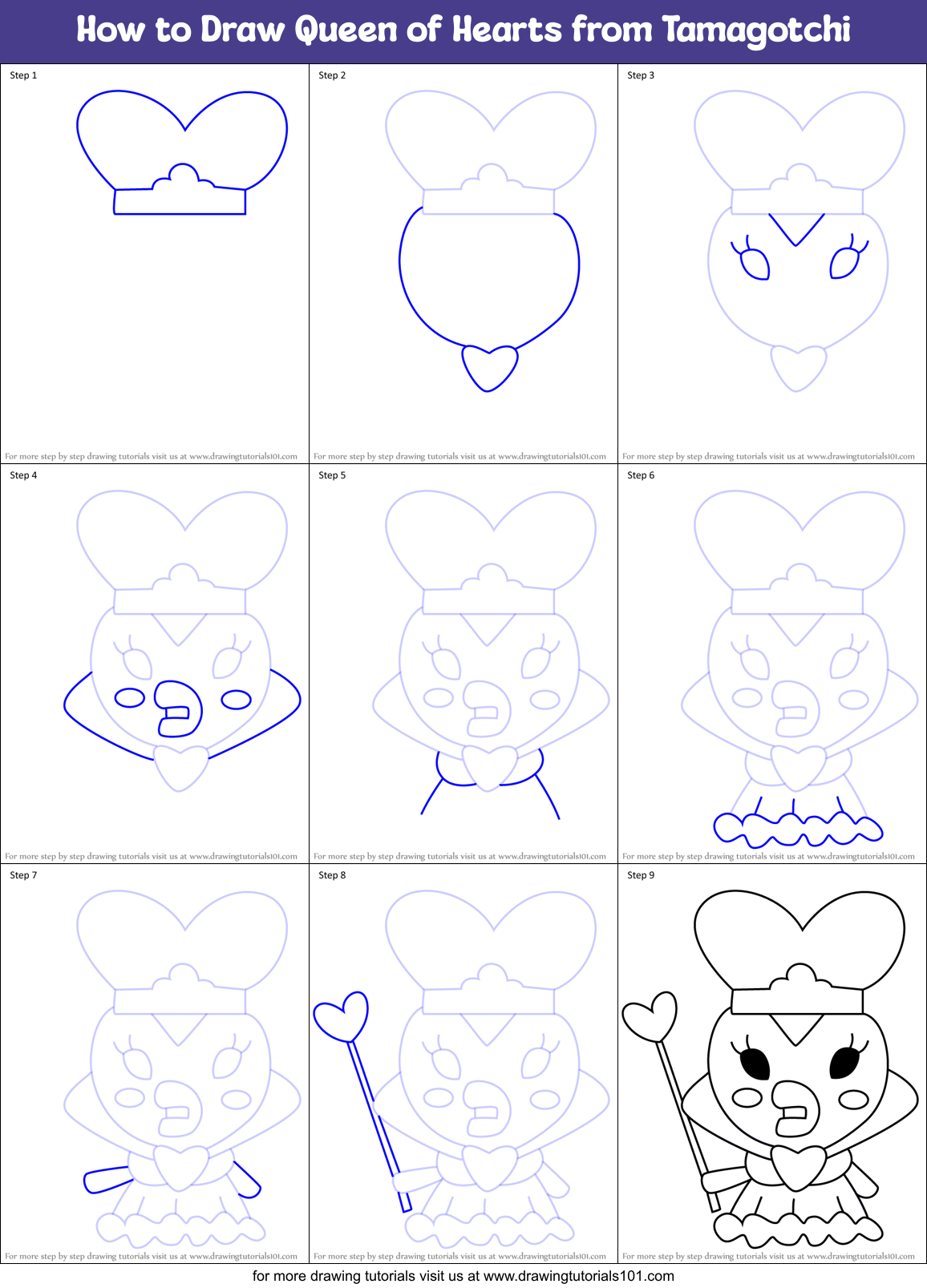 How to Draw Queen of Hearts from Tamagotchi Printable Step by Step