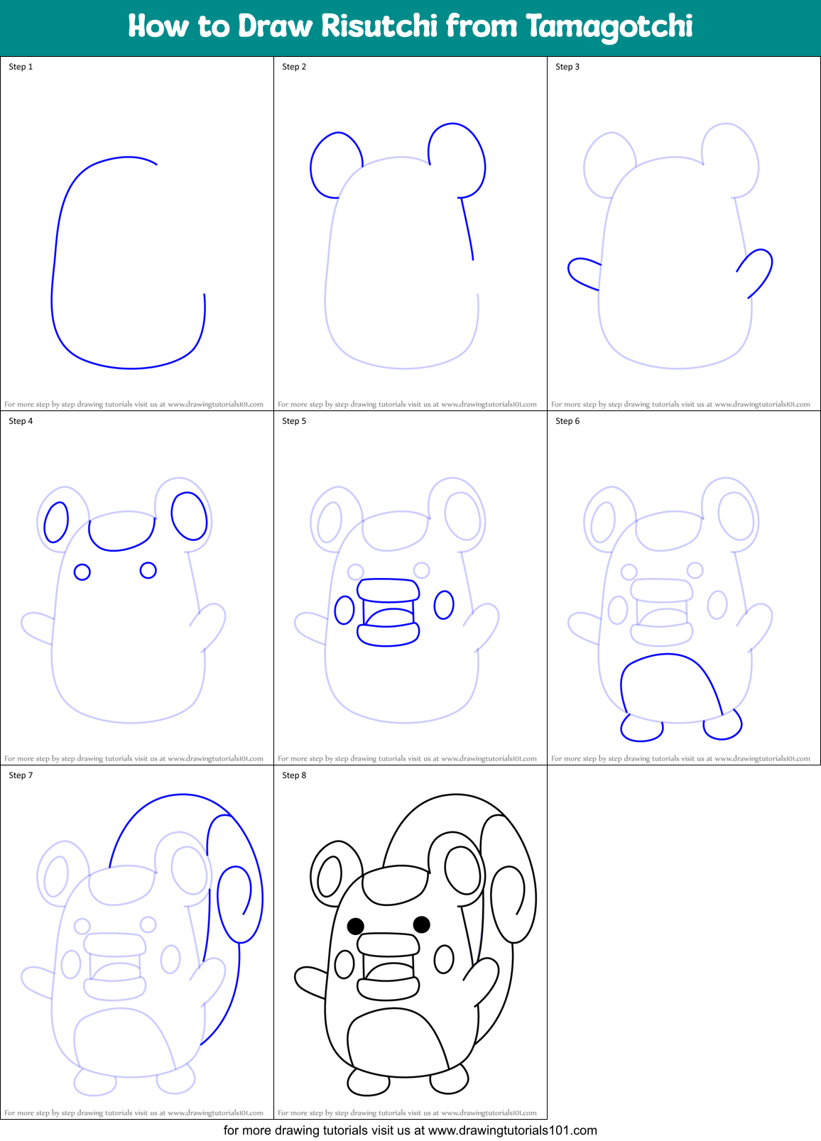 How to Draw Risutchi from Tamagotchi Printable Step by Step