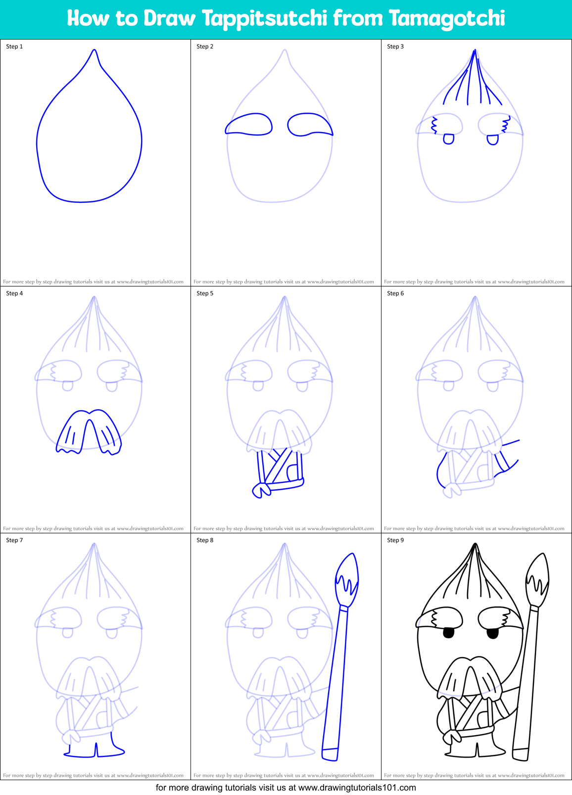 How to Draw Tappitsutchi from Tamagotchi Printable Step by Step