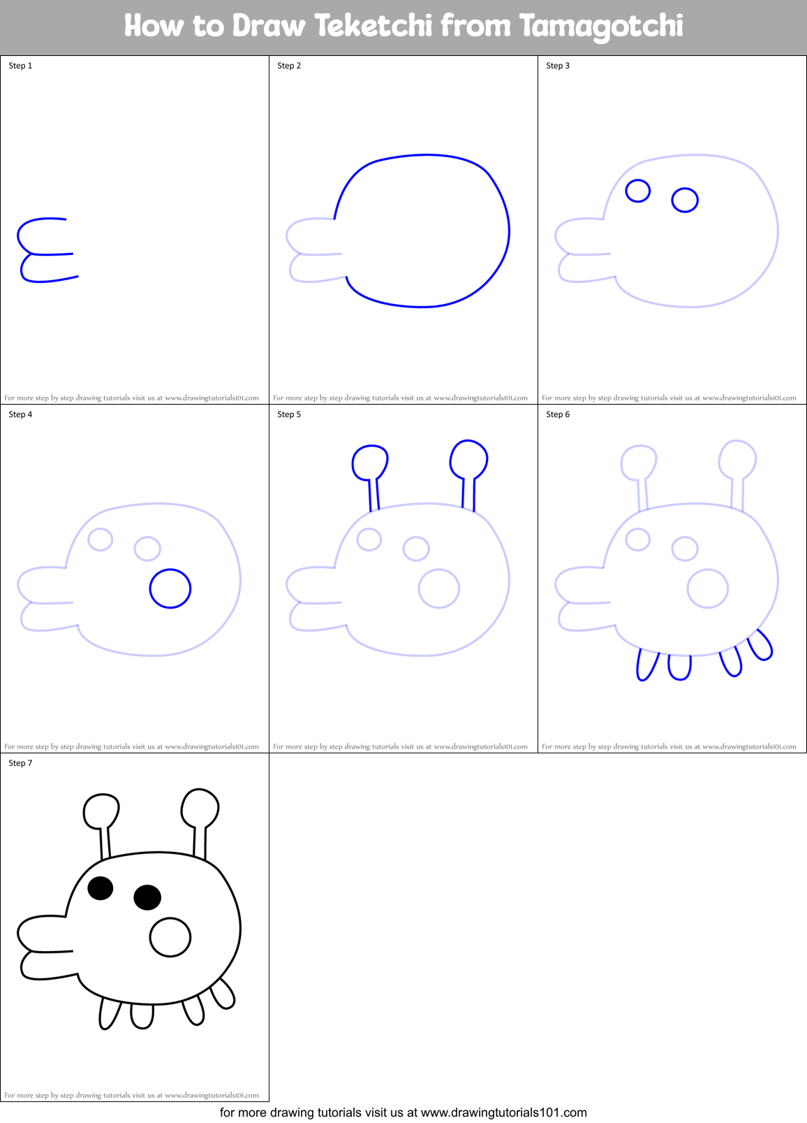 How to Draw Teketchi from Tamagotchi Printable Step by Step