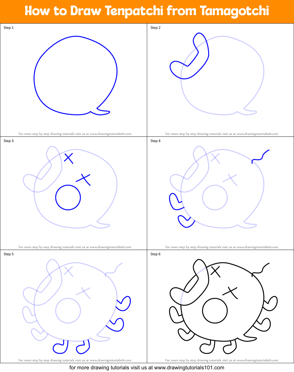 How to Draw Tenpatchi from Tamagotchi Printable Step by Step