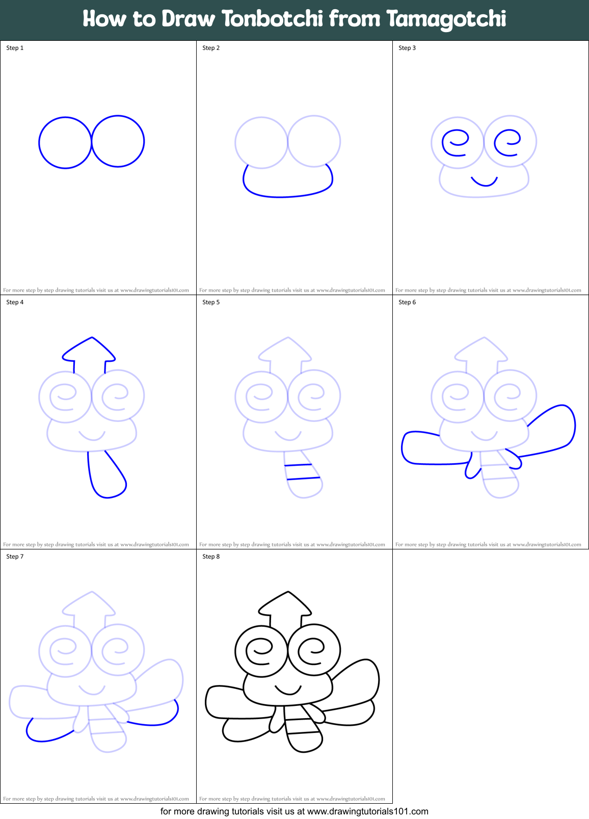 How to Draw Tonbotchi from Tamagotchi Printable Step by Step