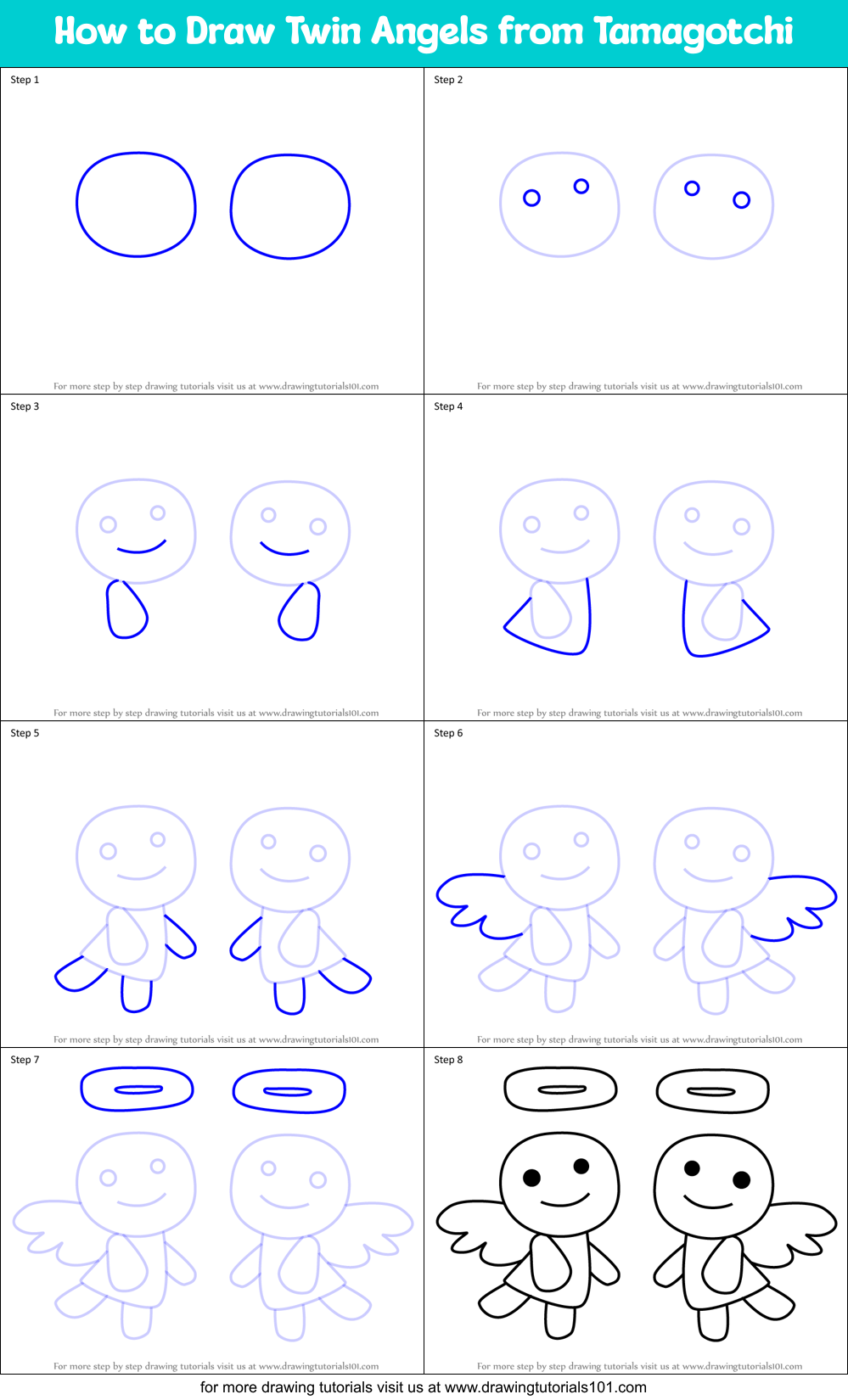 How to Draw Twin Angels from Tamagotchi Printable Step by Step