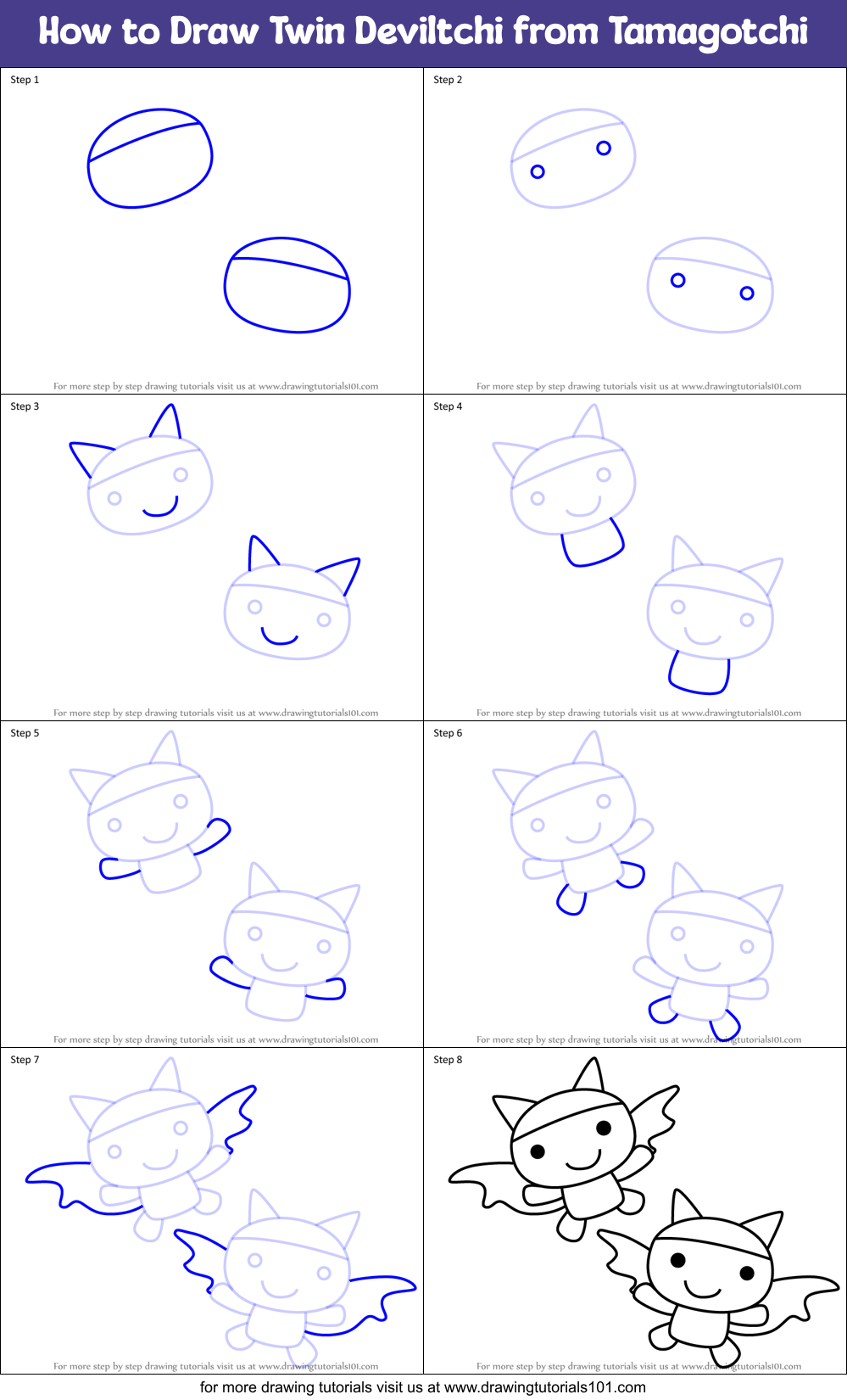 How to Draw Twin Deviltchi from Tamagotchi Printable Step by Step