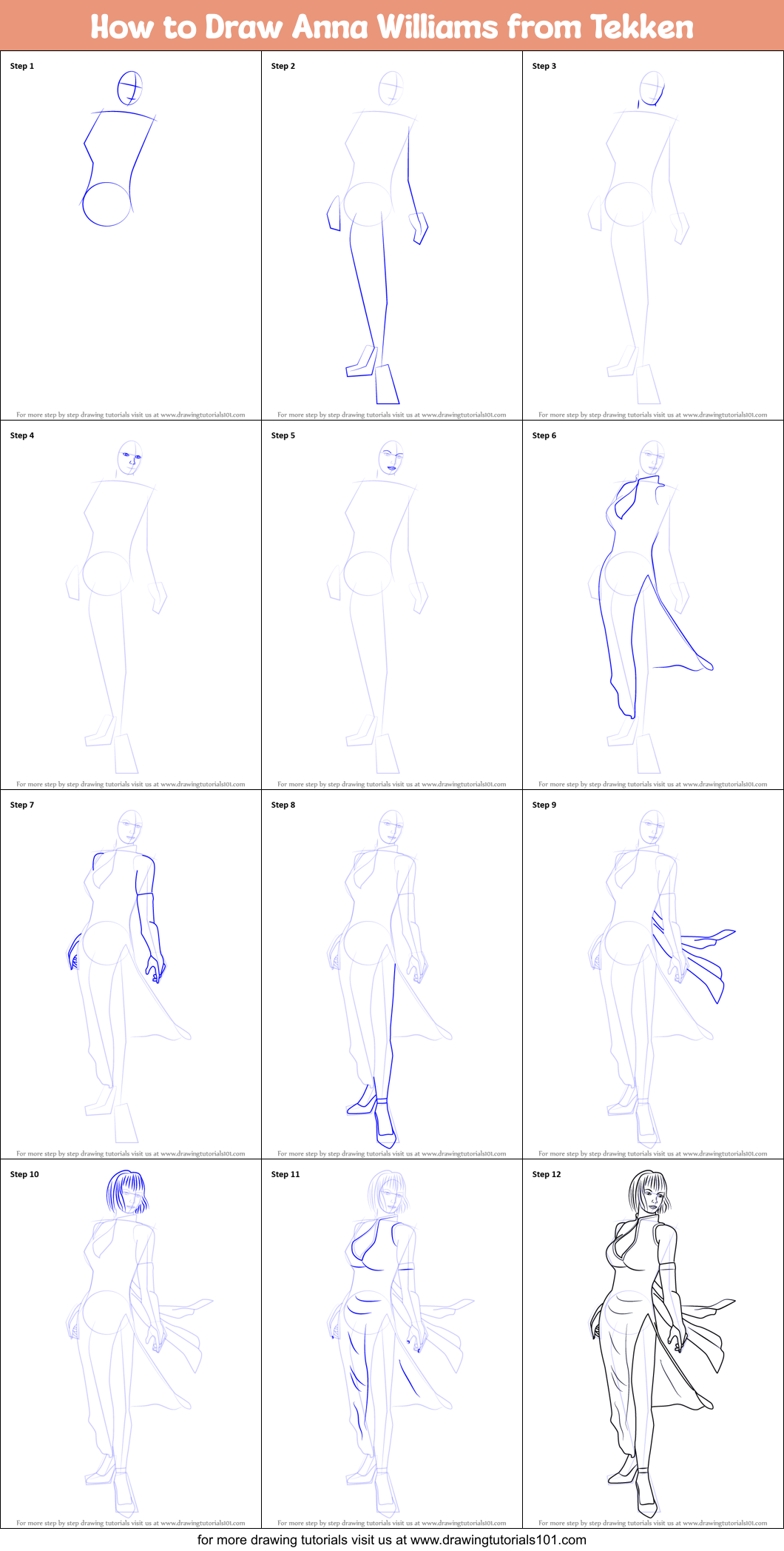 How to Draw Anna Williams from Tekken Printable Step by Step