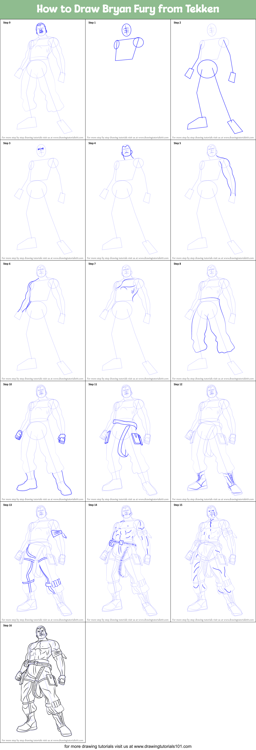 How to Draw Bryan Fury from Tekken Printable Step by Step