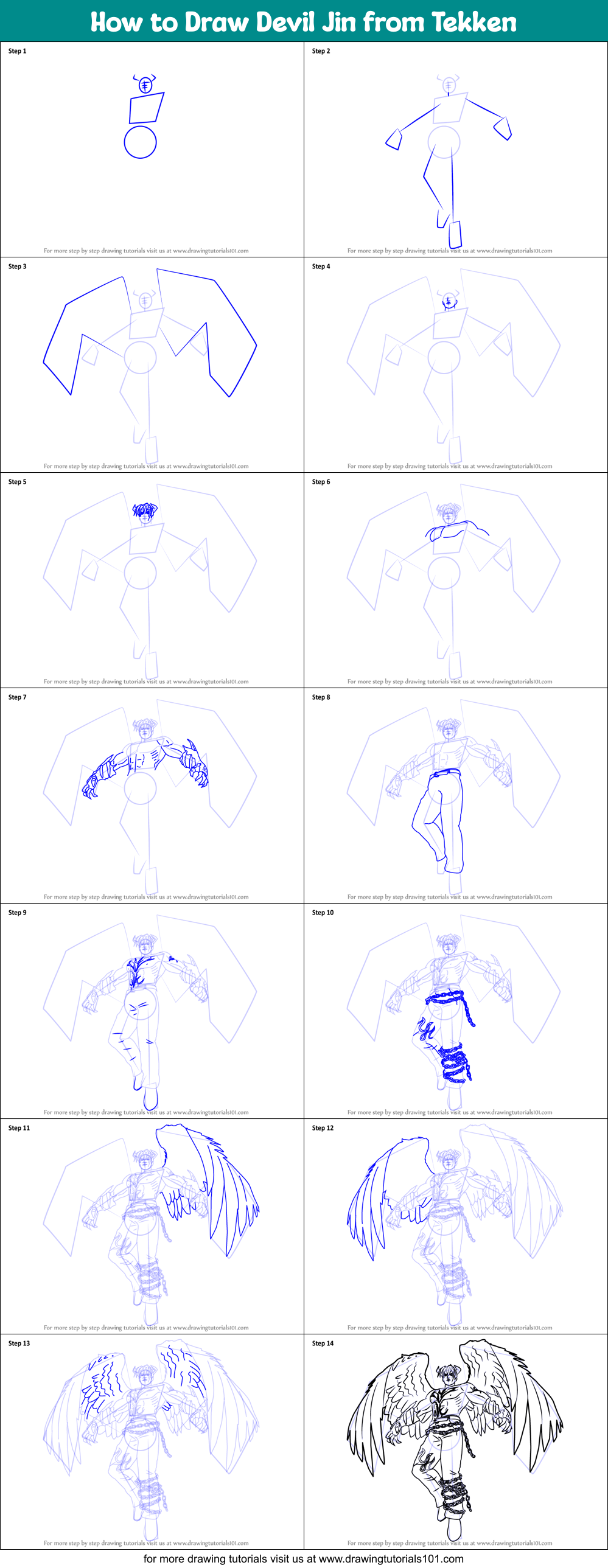 How to Draw Devil Jin from Tekken Printable Step by Step