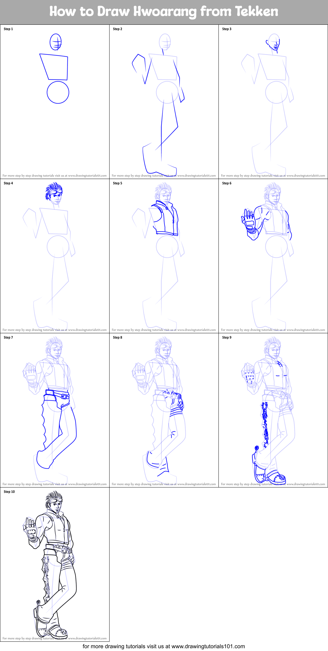 How to Draw Hwoarang from Tekken Printable Step by Step