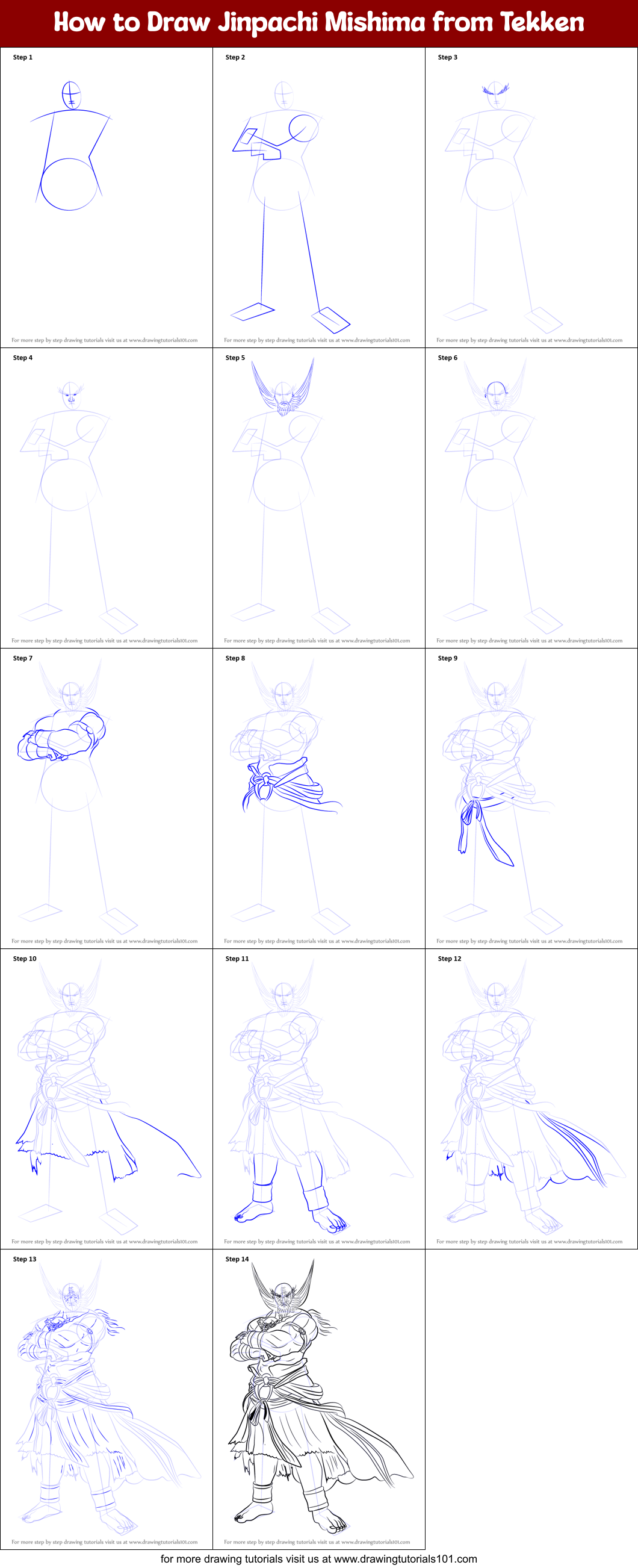 How to Draw Jinpachi Mishima from Tekken Printable Step by Step