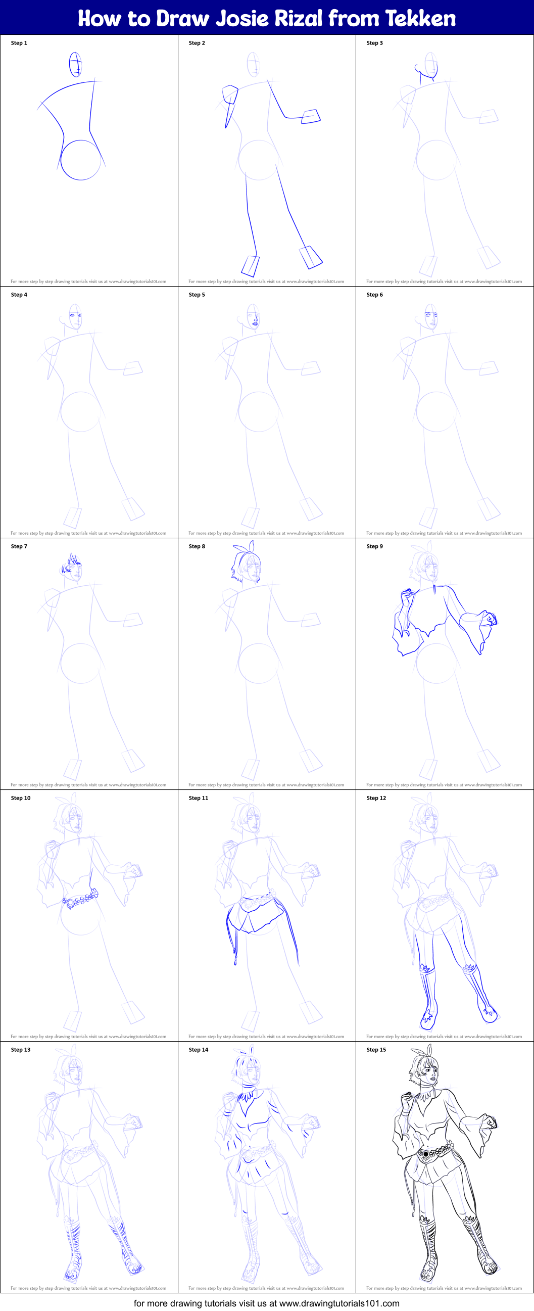 How to Draw Josie Rizal from Tekken Printable Step by Step