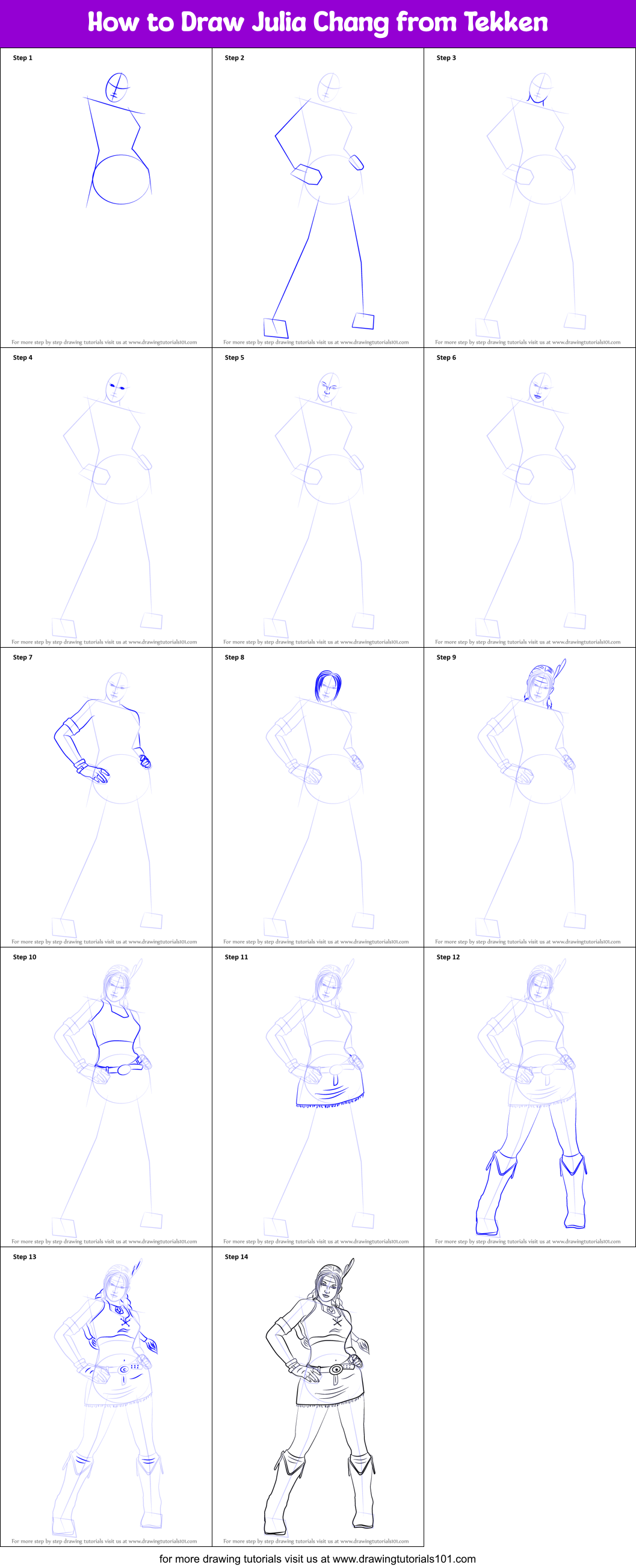 How to Draw Julia Chang from Tekken Printable Step by Step