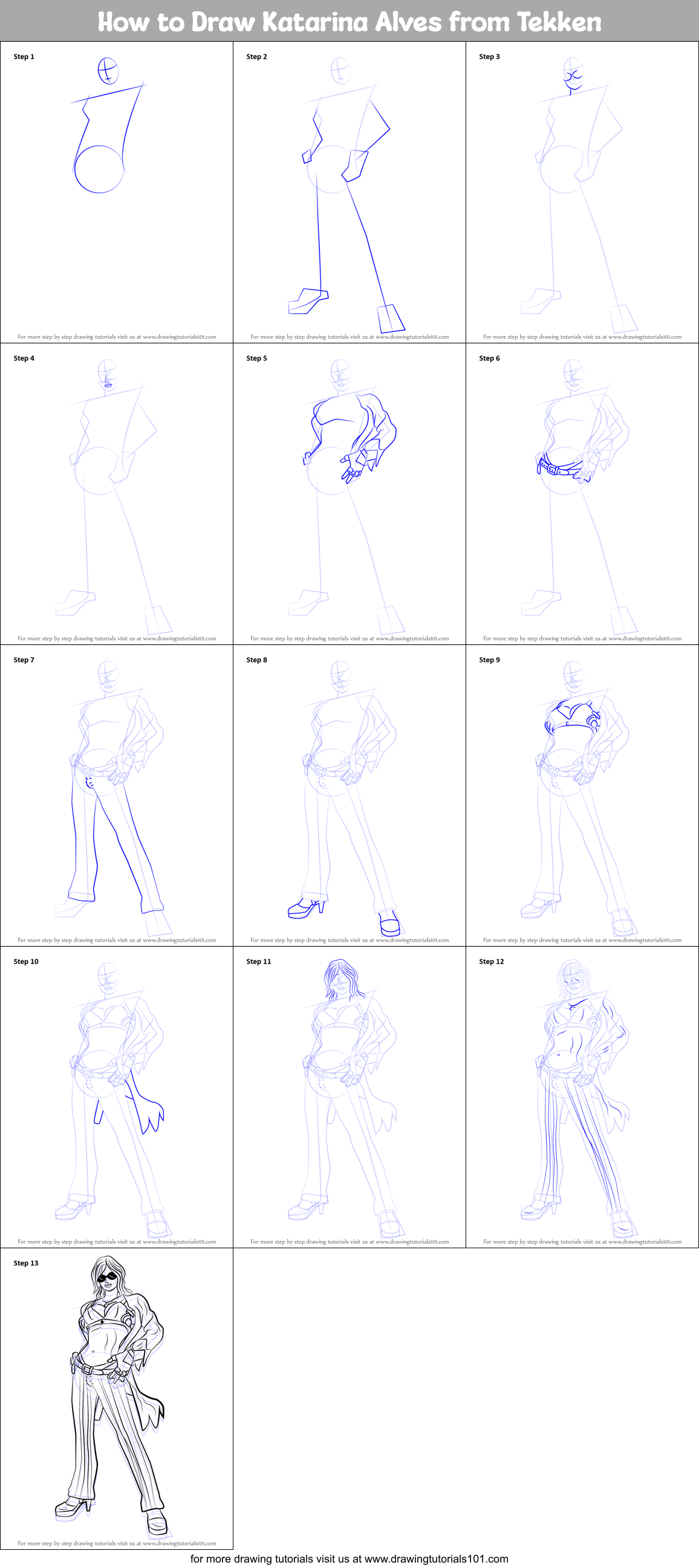 How to Draw Katarina Alves from Tekken Printable Step by Step