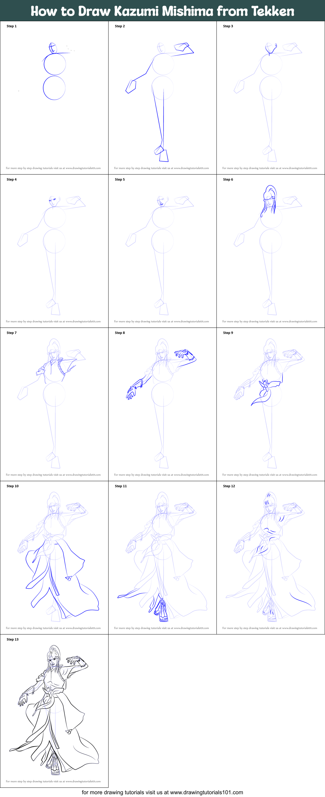 How to Draw Kazumi Mishima from Tekken Printable Step by Step