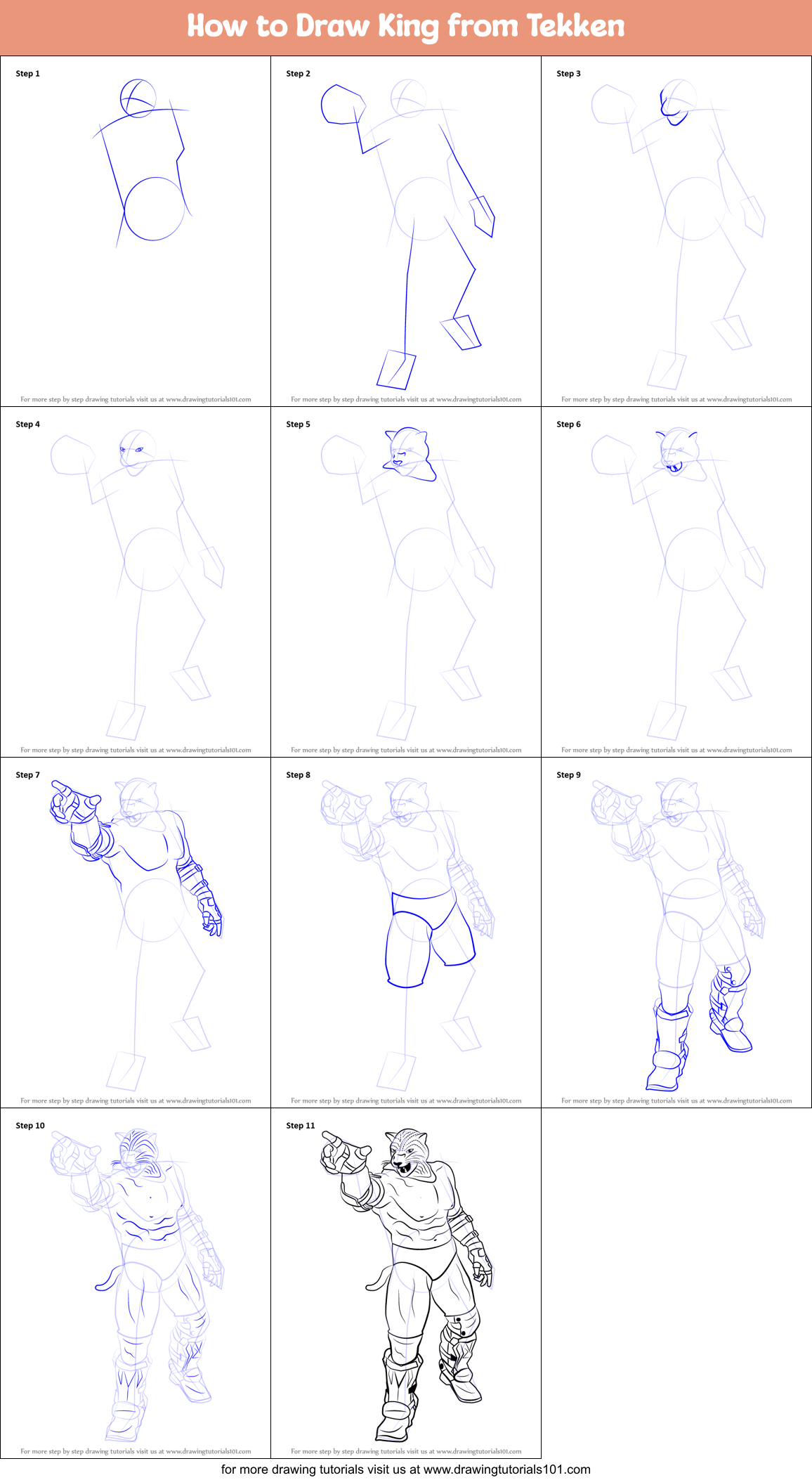 How to Draw King from Tekken Printable Step by Step