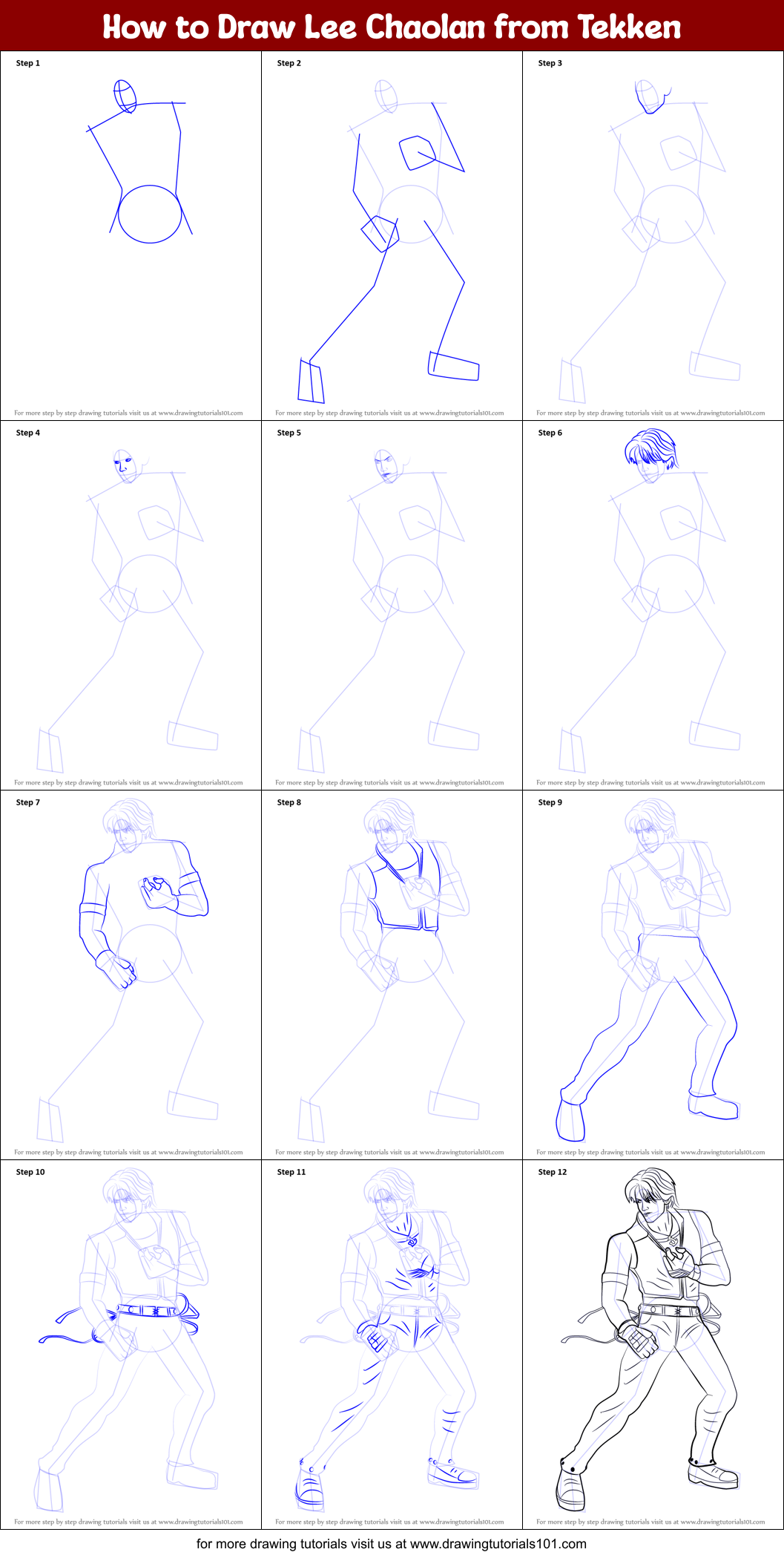 How to Draw Lee Chaolan from Tekken Printable Step by Step