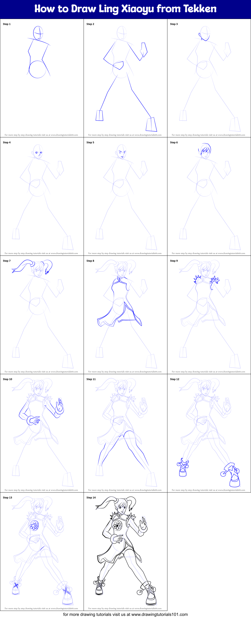 How to Draw Ling Xiaoyu from Tekken Printable Step by Step