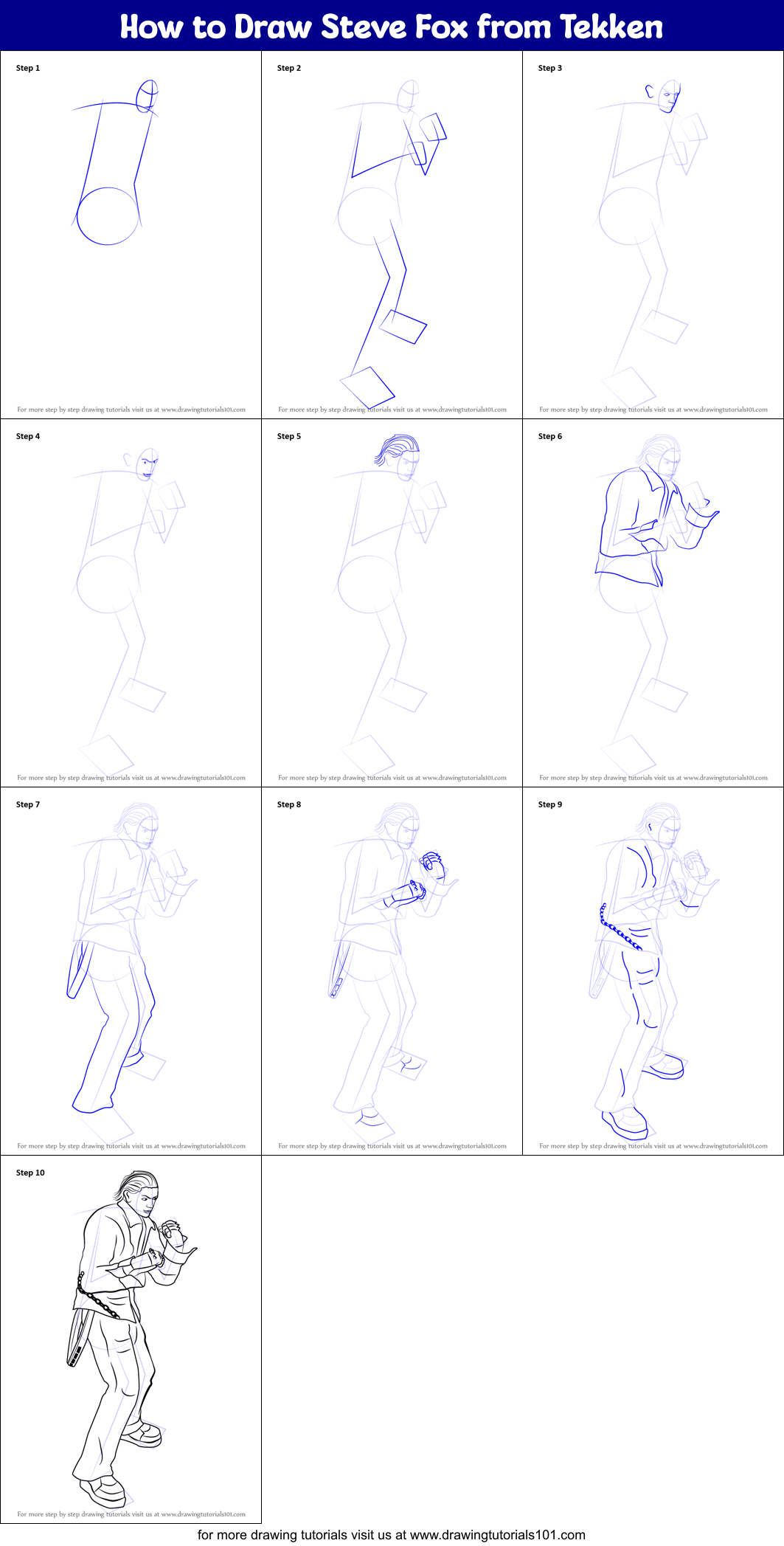 How to Draw Steve Fox from Tekken Printable Step by Step