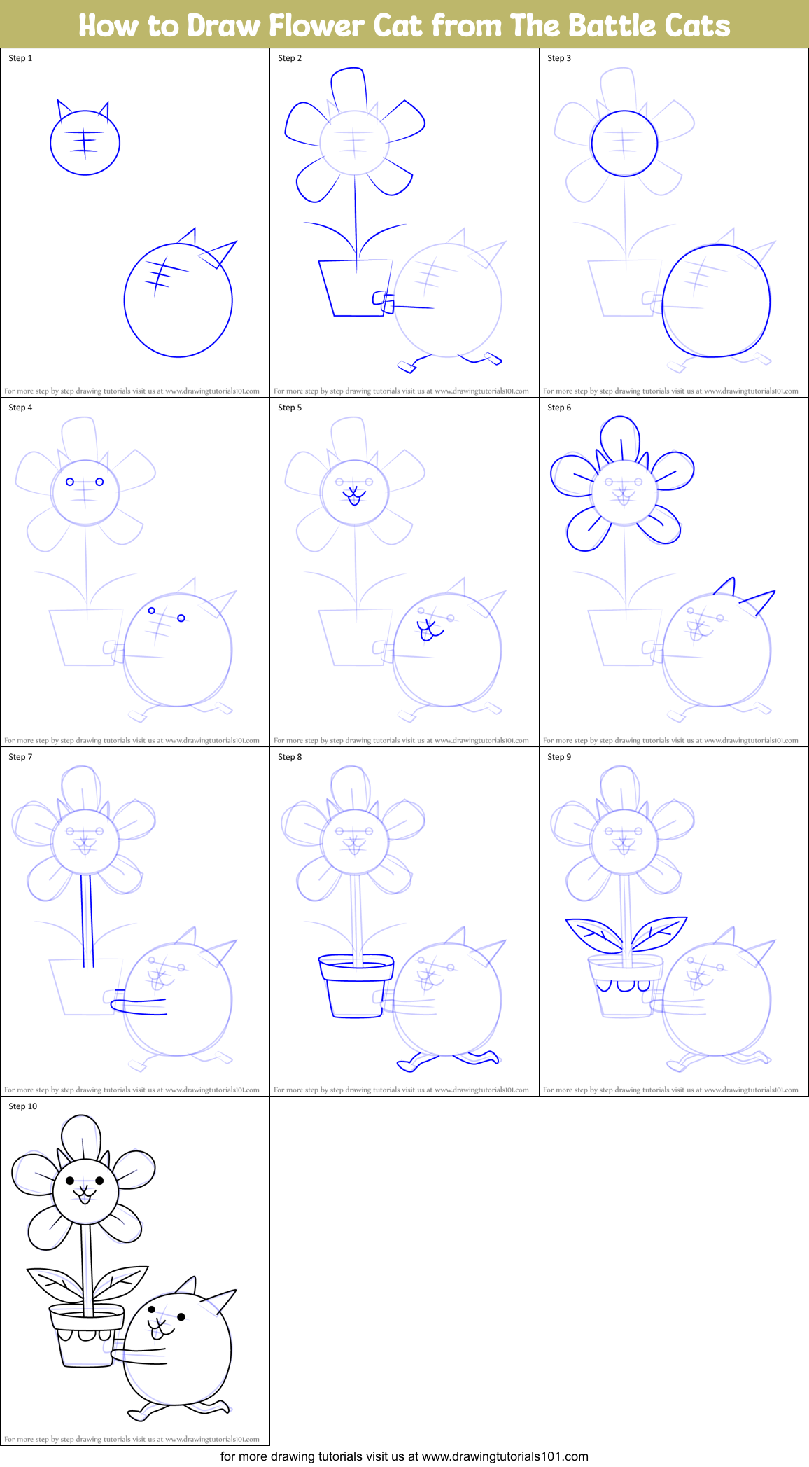 How to Draw Flower Cat from The Battle Cats Printable Step by Step