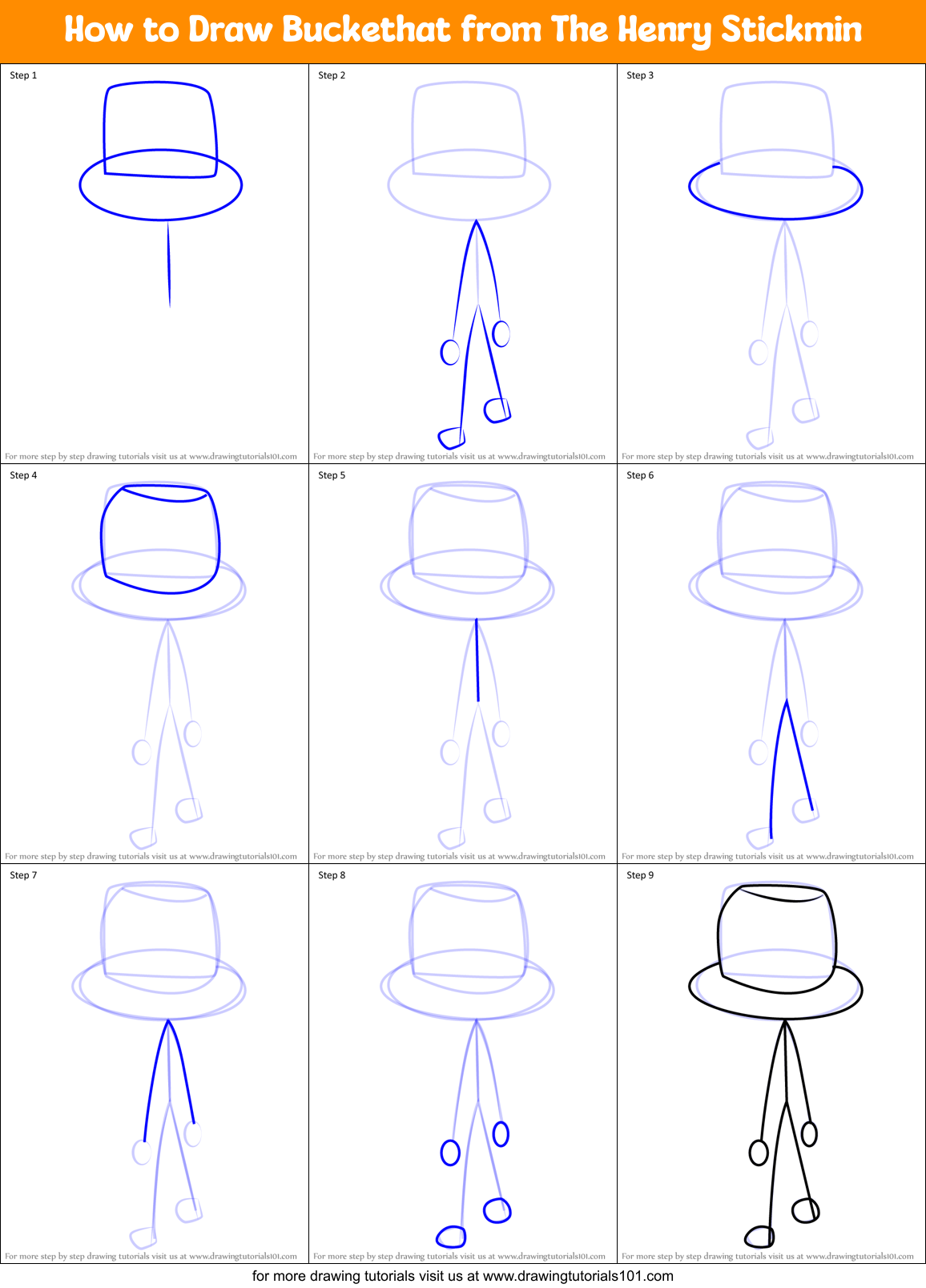 How to Draw Buckethat from The Henry Stickmin Printable Step by Step