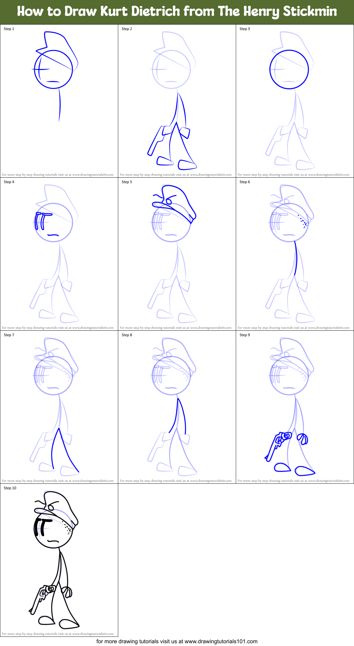 How to Draw Kurt Dietrich from The Henry Stickmin Printable Step by Step
