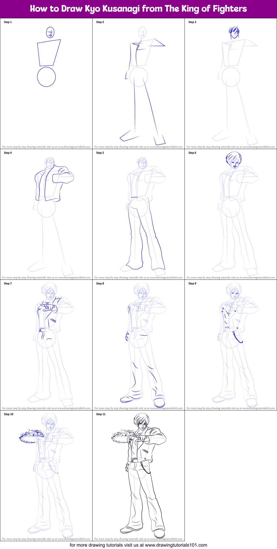 How to Draw Kyo Kusanagi from The King of Fighters Printable Step by Step