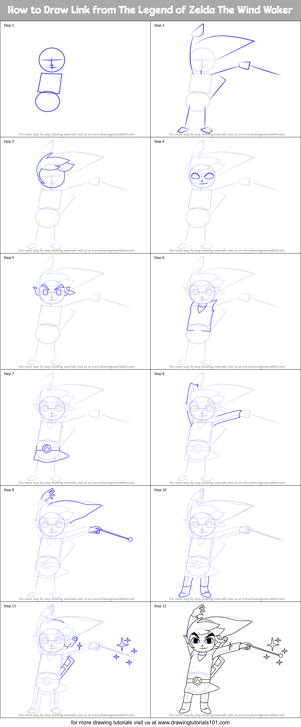 How to Draw Link from The Legend of Zelda The Wind Waker Printable Step by Step