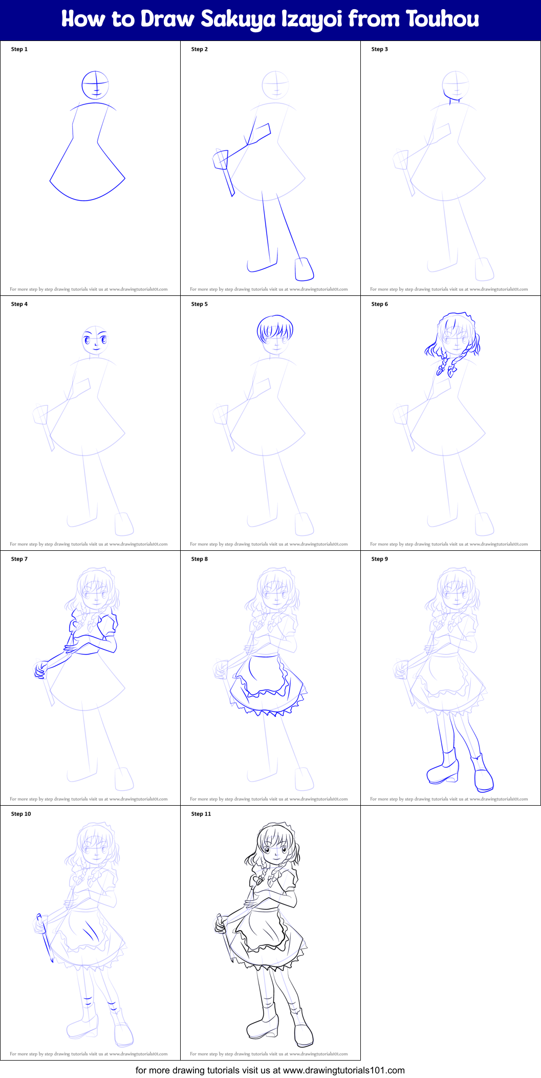 How to Draw Sakuya Izayoi from Touhou Printable Step by Step