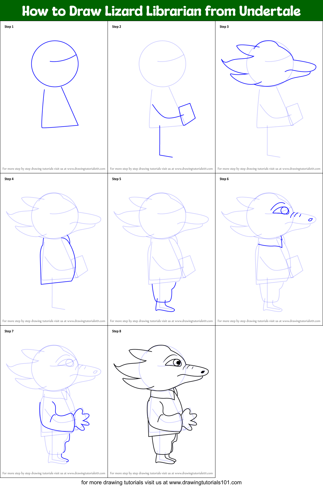 How to Draw Lizard Librarian from Undertale Printable Step by Step