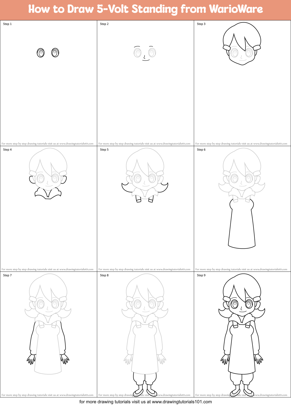 How to Draw 5-Volt Standing from WarioWare Printable Step by Step