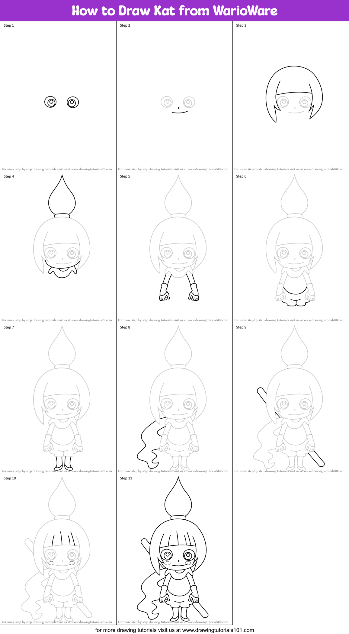 How to Draw Kat from WarioWare Printable Step by Step
