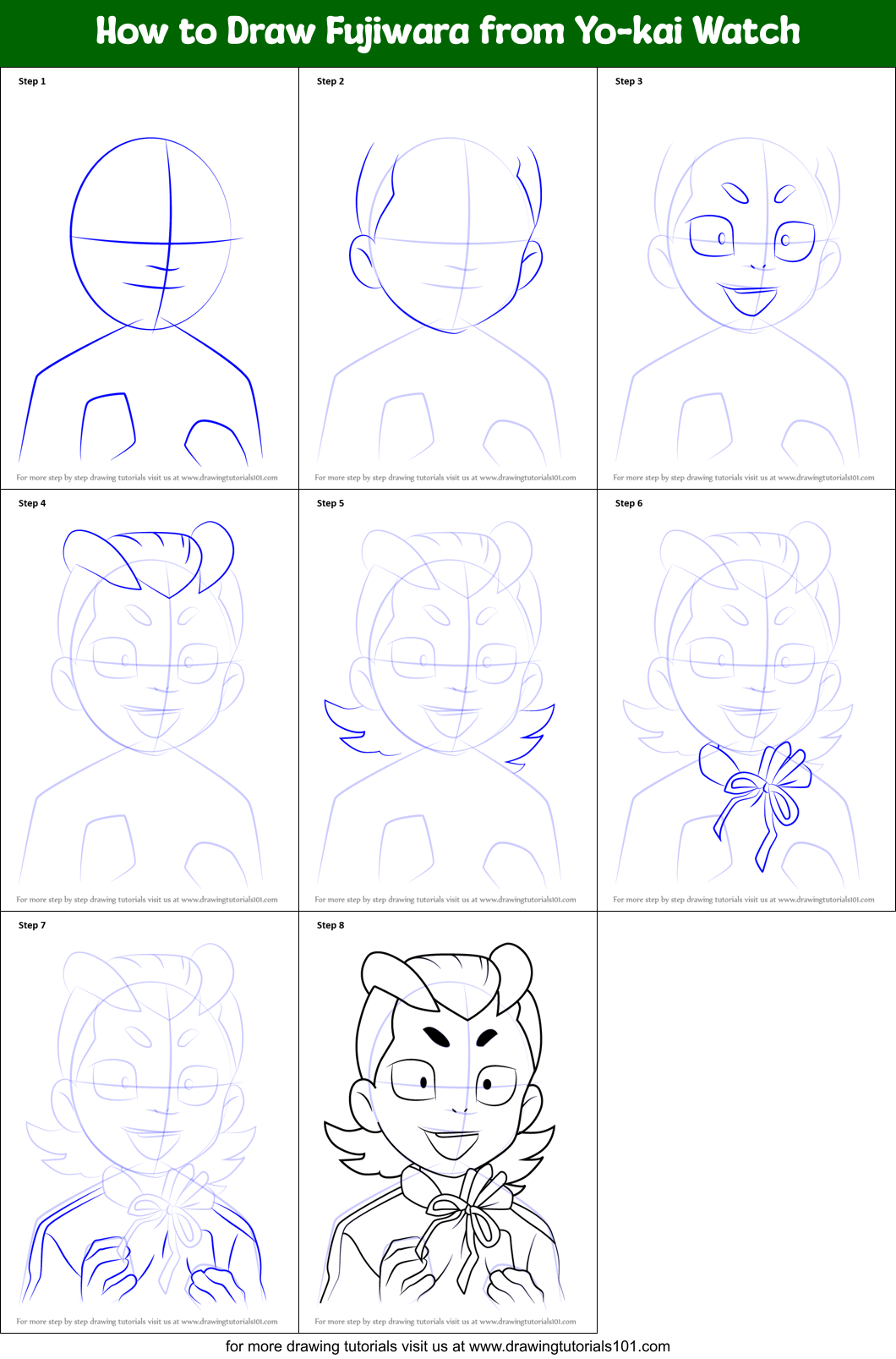 How to Draw Fujiwara from Yo-kai Watch Printable Step by Step