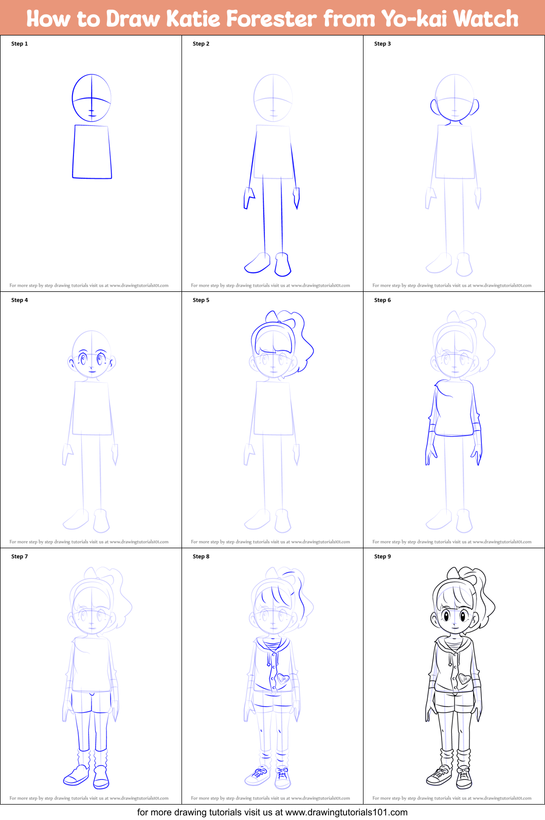 How to Draw Katie Forester from Yo-kai Watch Printable Step by Step