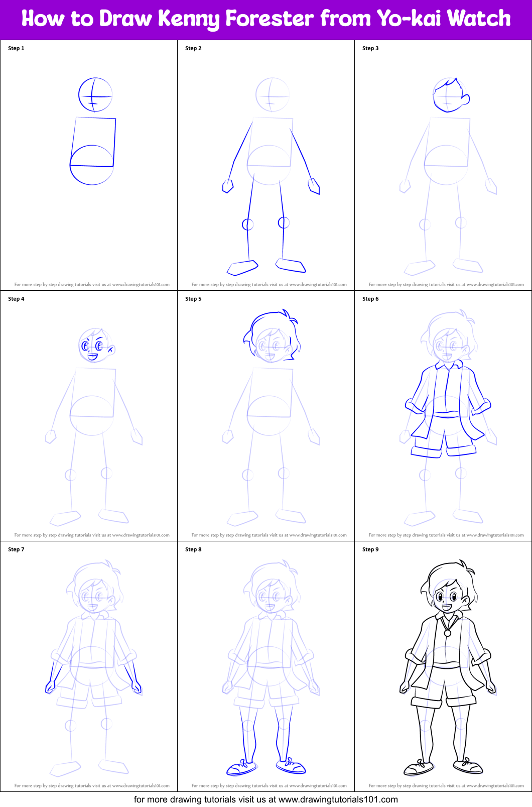 How to Draw Kenny Forester from Yo-kai Watch Printable Step by Step