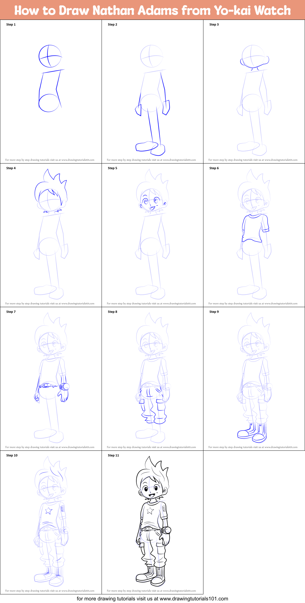 How to Draw Nathan Adams from Yo-kai Watch Printable Step by Step
